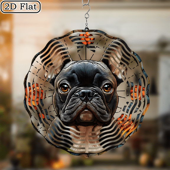 Mysterious atmosphere 360 degree rotating wind outdoor decoration, French bulldog, vibrant metal garden art, no need for electricity, terrace courtyard 3D festival decoration