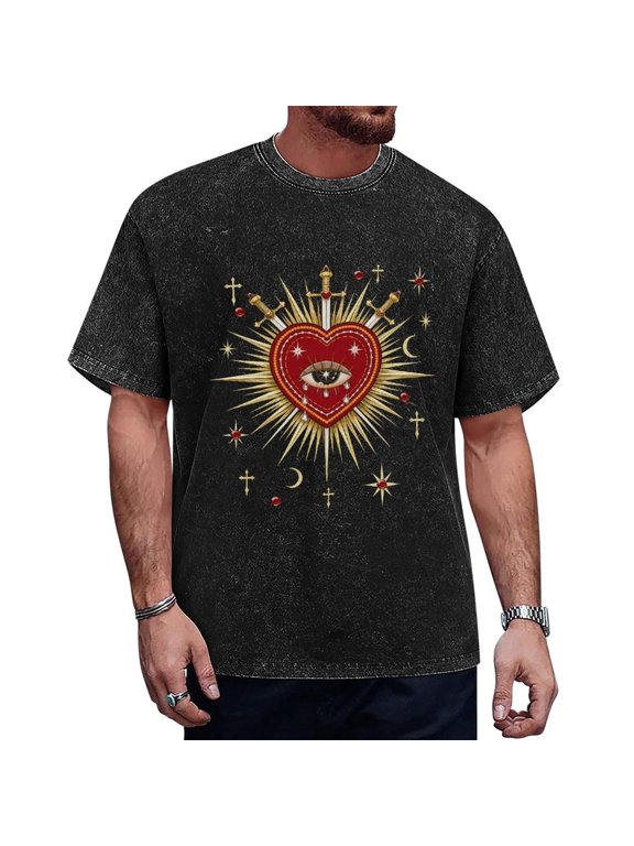 Mysterious heart-shaped gothic symbol distressed retro short-sleeved T-shirt for men