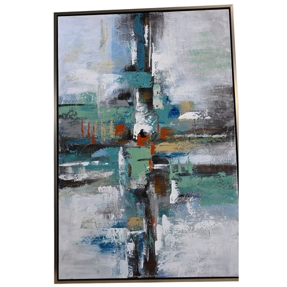 Mystery Abstract Canvas Painting Teal Gray Framed Art 41"x61"