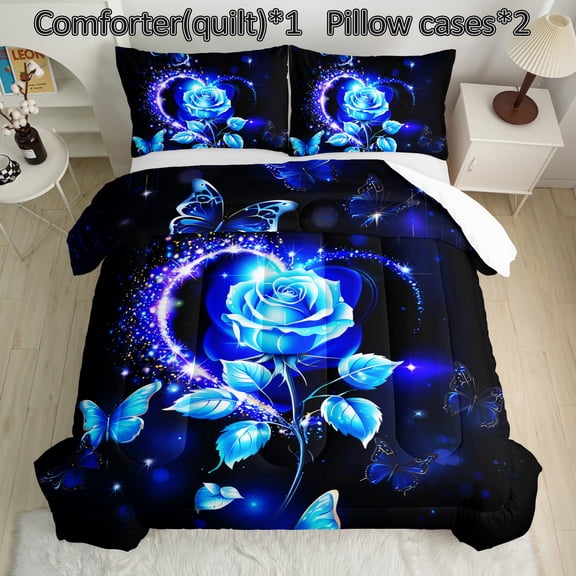 Mystery Blue Rose Comforter Set Queen Size,Butterfly Romantic Rose Floral Bedding Set for Women Girls Room Decor with 2 Pillowcases.