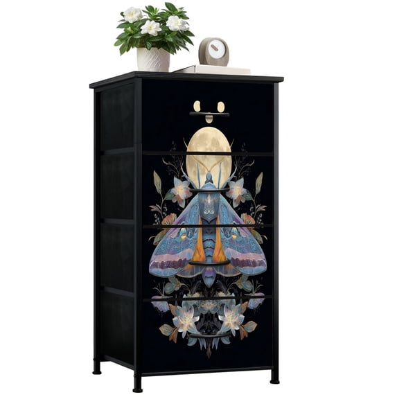 Mystery Dresser for Bedroom with 4 Storage Drawers Colorful Moth Perched Glowing Moons Dreamlike Blooms Dressers Chest of Drawers Steel Framed Fabric Closet Organizers for Boys Bedroom