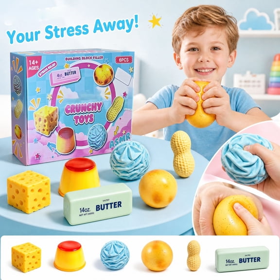 Mystery Dumpling 6 Pack Sensory Fidget Toys Set, Slow Rising Squeeze Stress Relief Toys, Cute Food Shaped Squishies for Kids Adults, Party Favors Classroom Prizes, Cheese Butter Pudding Peanut