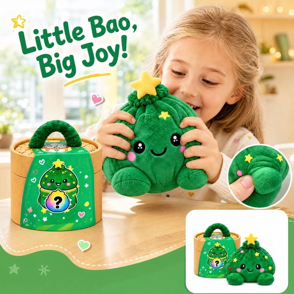 Mystery Dumpling Christmas Plush Bun Blind Box, Surprise Green Christmas Tree Stuffed Steamed Bun with Star, Squishy in Steamer Gift Box, Soft Holiday Plush Toy Gift for Kids Girls