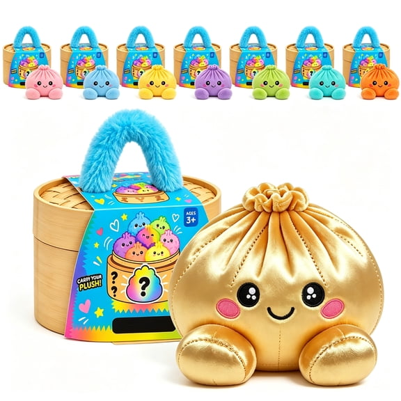 Mystery Dumpling Plush with Bamboo Steamer Packaging, Soft Squeezable Stuffed Dumpling with Embroidered Face and Rounded Feet, Mystery Plush Dumplings for Office , Relaxation and Christmas Gifts
