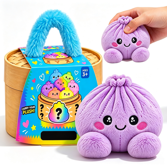 The Mystery Dumpling Plush, Blind Box Collectible Dumpling Plush Toy Plush Dumpling Squishy Toy Bao Bun Stress Relief Fidget Sensory Toy with Steamer Blind Box Cute Soft Squeeze Plushie Purple