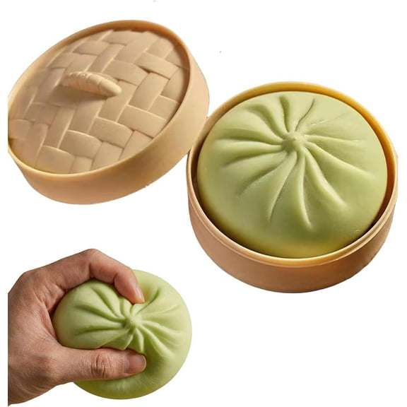 Mystery Dumpling Squishy, High-Quality Silicone Stress Toys - Big Bun with Food Steamer, Hand-Pinching Sensory ASMR Toys with Music, Stretchy Desk Fidget Toys for All Ages, Green