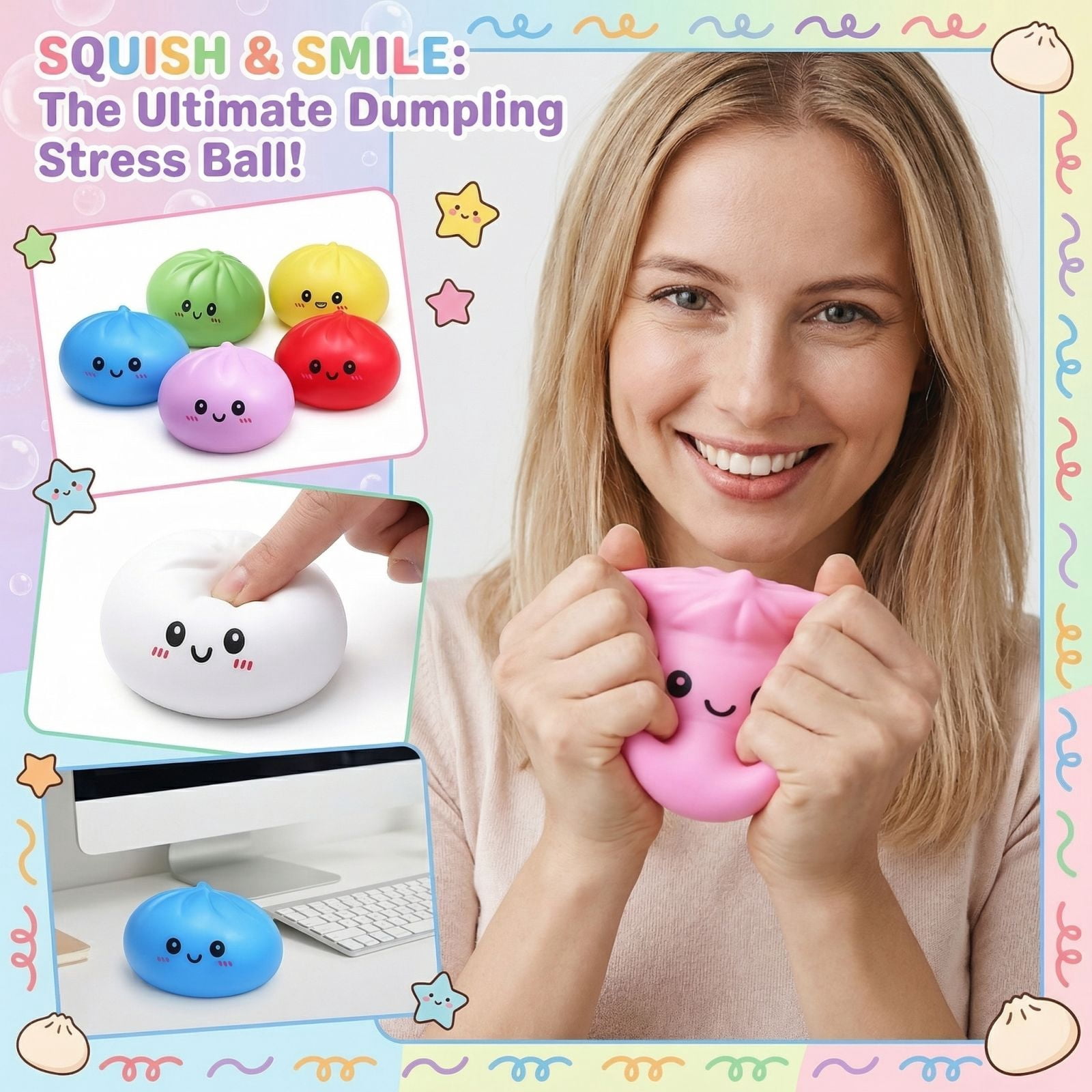 Cute Squishy Dumpling Large, Squishy Dumpling Doll with Cute Expressions, Silicone Bun Sensory Fidget Dolls, Hand Pinching Decompression Dolls