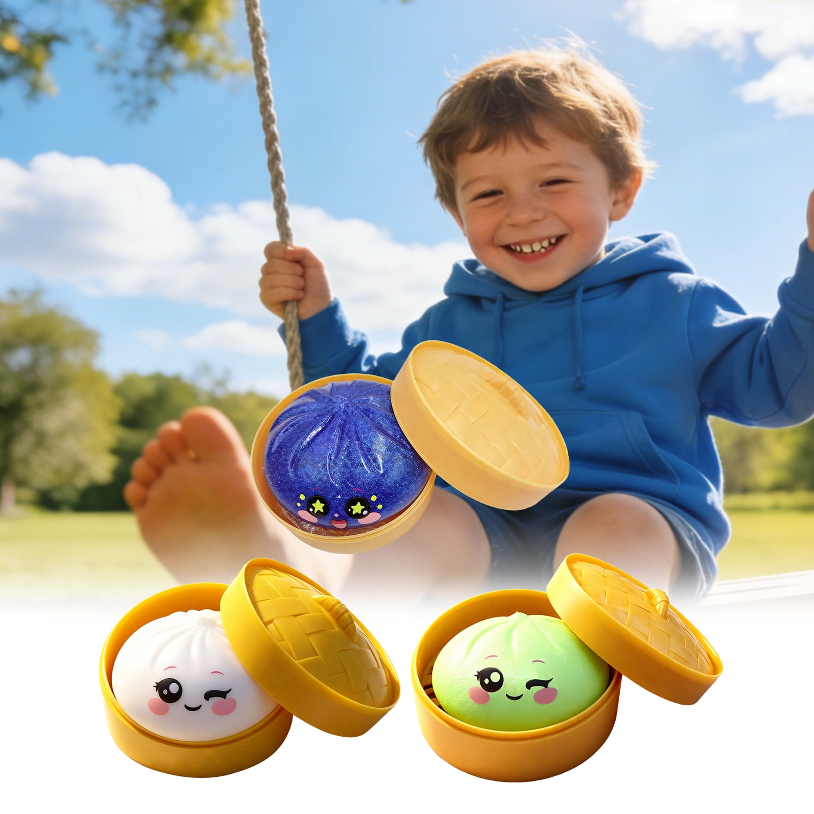 Cute Squishy Dumpling Large with Steamer, Squishy Dumpling Doll with Cute Expressions, Silicone Bun Sensory Fidget Dolls, Hand Pinching Decompression Dolls