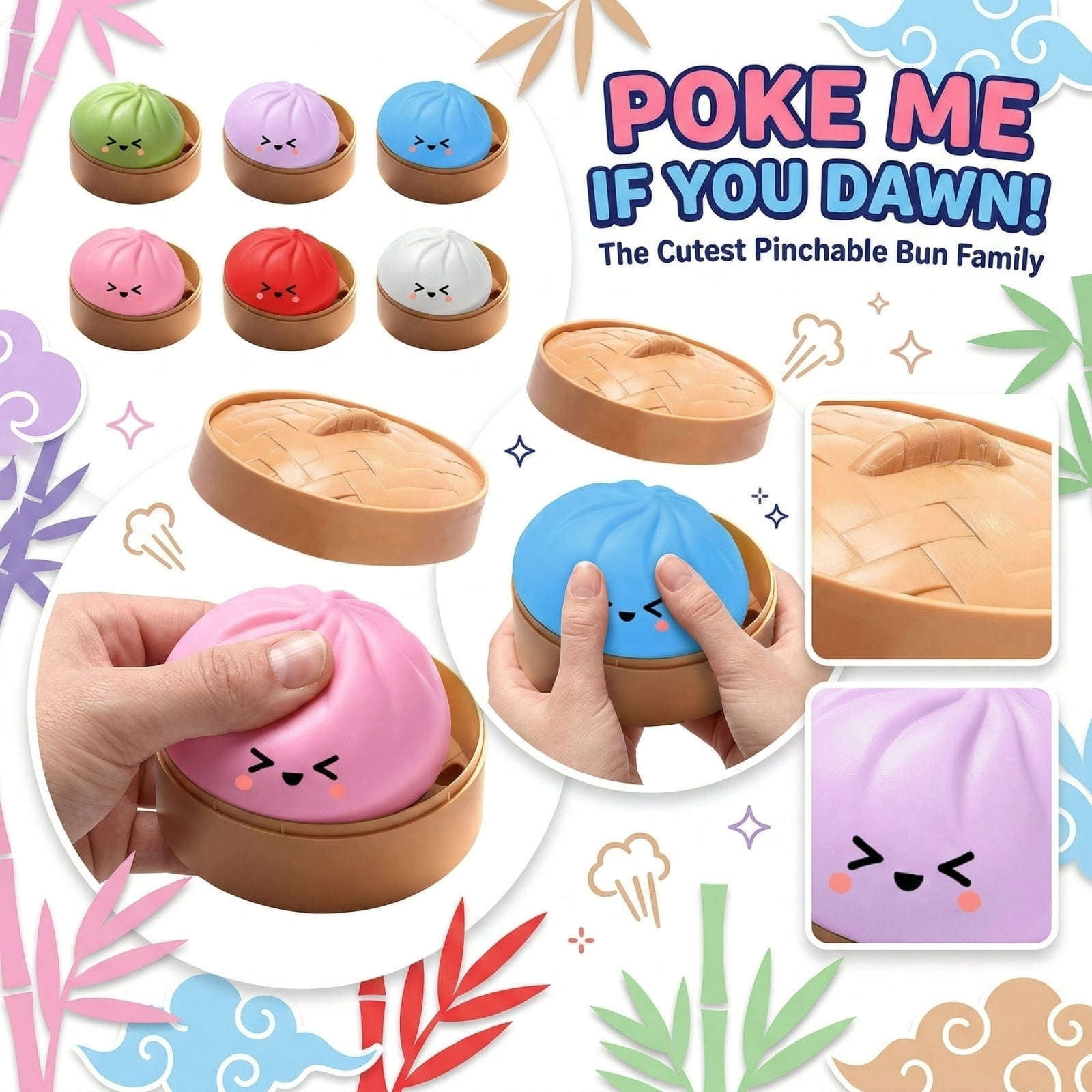 Cute Squishy Dumpling Large with Steamer, Squishy Dumpling Doll with Cute Expressions, Silicone Bun Sensory Fidget Dolls, Hand Pinching Decompression Dolls