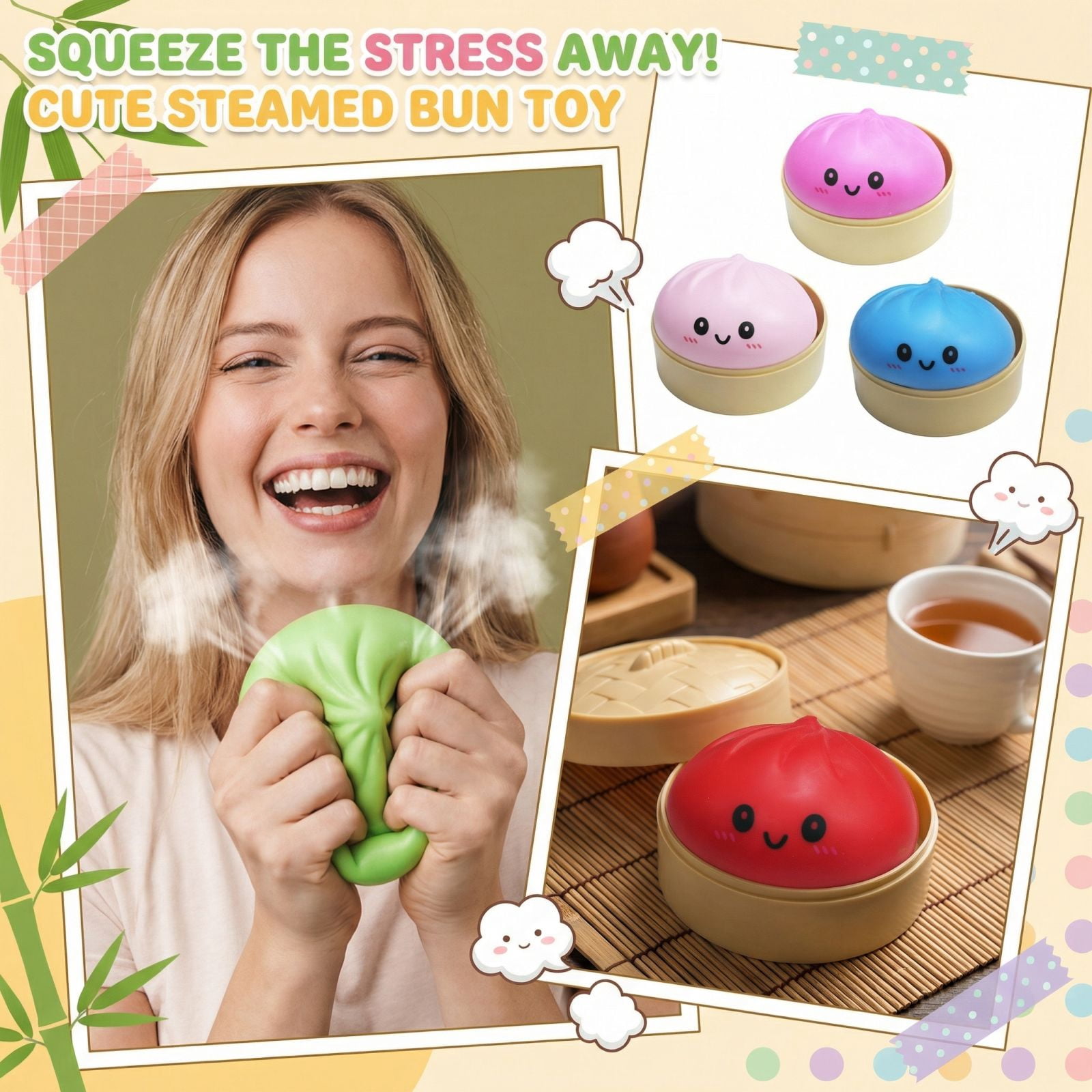 Cute Squishy Dumpling Large with Steamer, Squishy Dumpling Doll with Cute Expressions, Silicone Bun Sensory Fidget Dolls, Hand Pinching Decompression Dolls