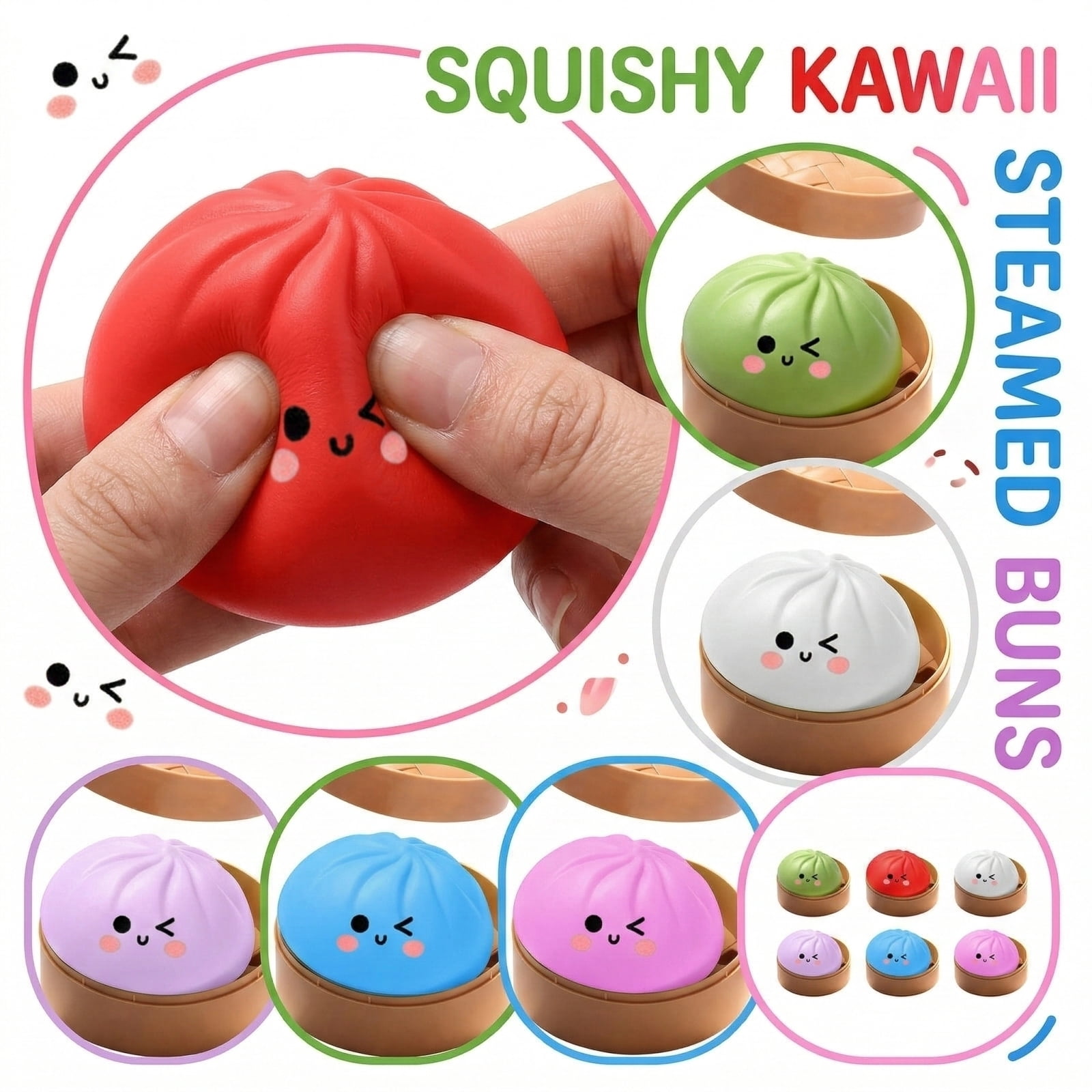 Cute Squishy Dumpling Large with Steamer, Squishy Dumpling Doll with Cute Expressions, Silicone Bun Sensory Fidget Dolls, Hand Pinching Decompression Dolls