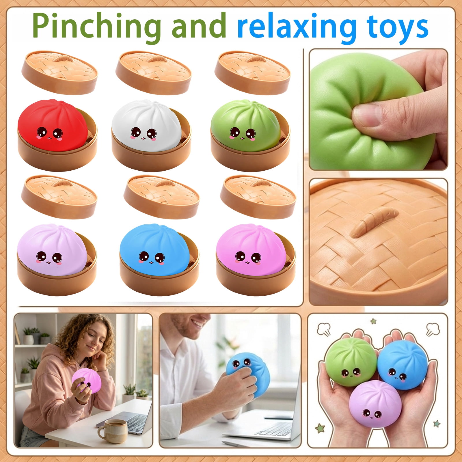Cute Squishy Dumpling Large with Steamer, Squishy Dumpling Doll with Cute Expressions, Silicone Bun Sensory Fidget Dolls, Hand Pinching Decompression Dolls