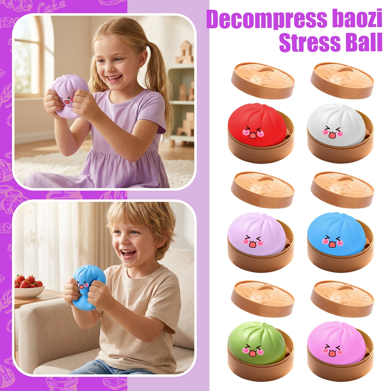 Cute Squishy Dumpling Large with Steamer, Squishy Dumpling Doll with Cute Expressions, Silicone Bun Sensory Fidget Dolls, Hand Pinching Decompression Dolls