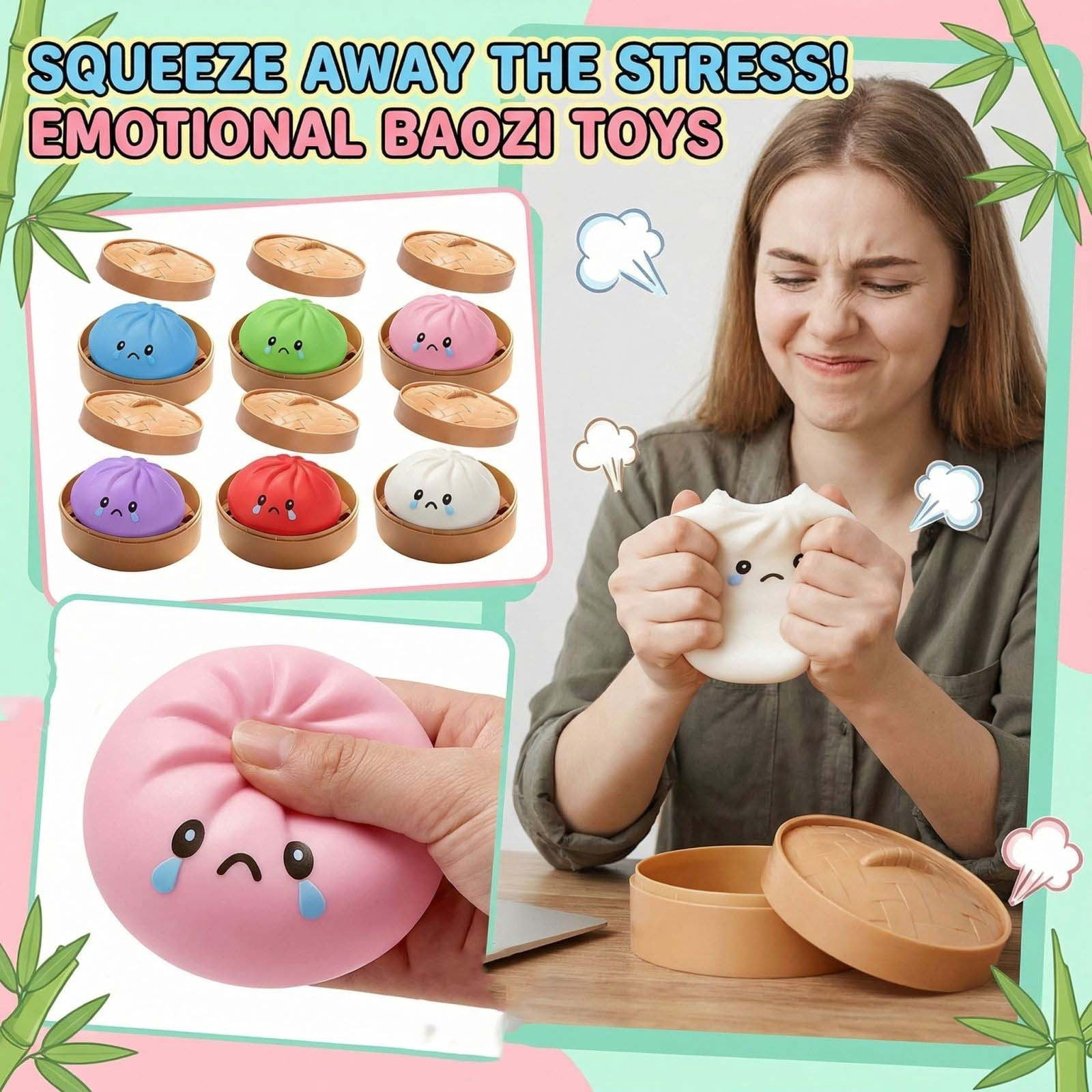 Cute Squishy Dumpling Large with Steamer, Squishy Dumpling Doll with Cute Expressions, Silicone Bun Sensory Fidget Dolls, Hand Pinching Decompression Dolls