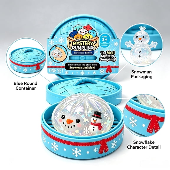 Mystery Dumpling Squishy Snowman Edition Blind Box, Random 1 of 7 Dumpling Squeeze Toy with Steamer, Holiday Sensory Fidget Stress Relief Toys, Stocking Stuffer & Party Favors