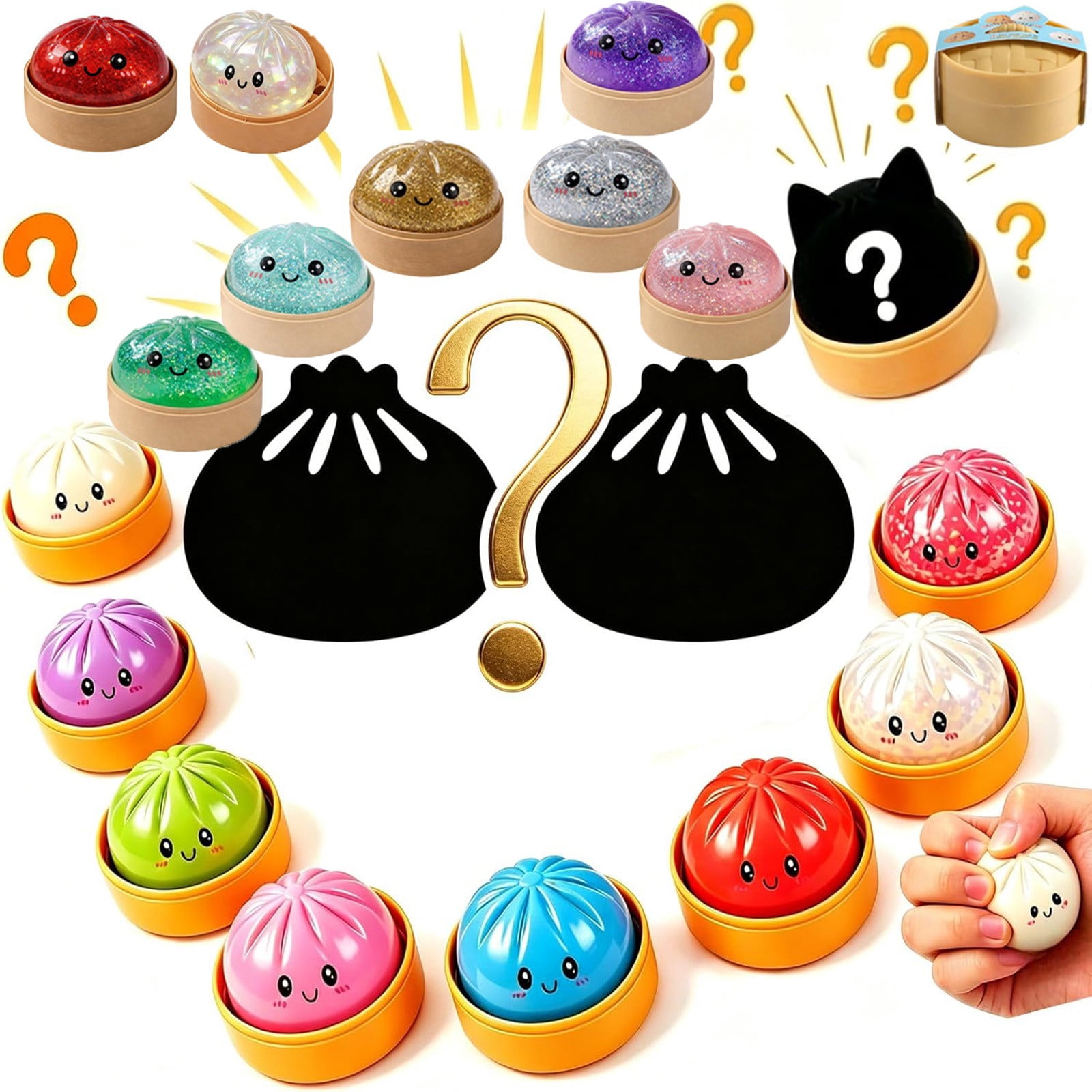 Mystery Giant Dumplings Squishies, Soft Squishy Soft Squeeze Stress Ball with Food Steamer, Realistic Steamed Bun Fidget T-oy, Sensory Relief for Adults
