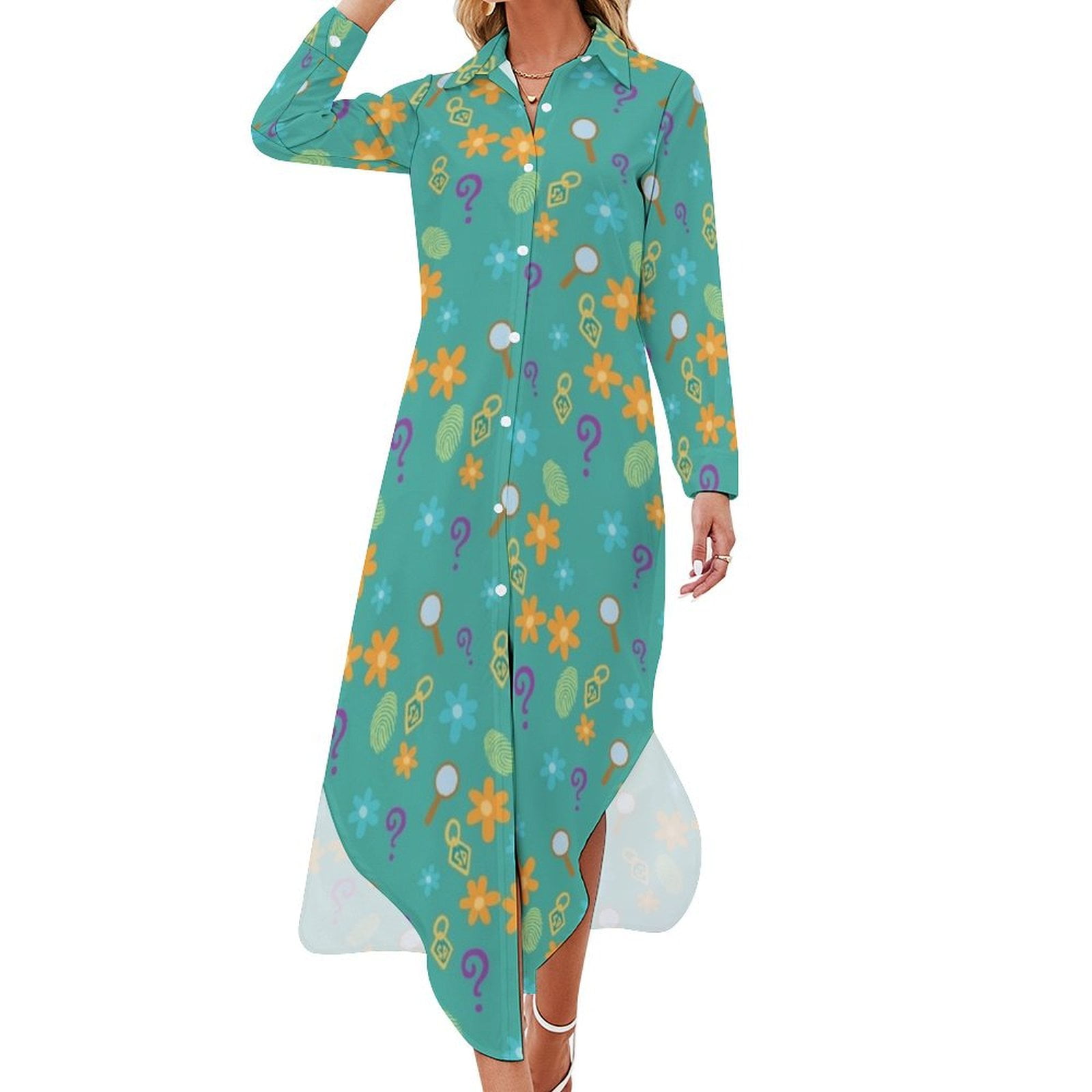 Mystery Inc Pattern (Teal) Long Sleeved Shirt Dress dresses summer Women  dresses summer