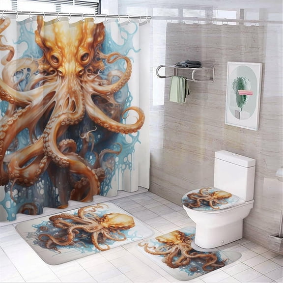 Mystery Octopus 4 Pieces Shower Curtain Sets Blue Painting Modern Orange Animals Bathroom Decor Set Bathroom Accessory Sets with Rugs and Toilet Lid Cover, Style-4