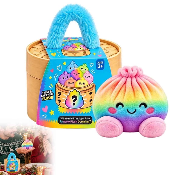 Mystery Plush Dumpling Squishies, Cute Dumpling Plush Toy, Soft Stuffed Squeeze Fidget Toy with Steamer Box, Christmas Collectible Stress Relief Gift with Simulated Steamer & Fuzzy Handle, 6 Inch