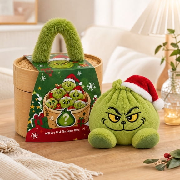 Mystery Plush Dumpling Squishy- 6 Inch Christmas Green Monster Plush Dumpling Blind Box Toy, Bamboo Steamer Cheeky Monster Stuffed Bun, Cute Holiday Gifts for Kids Teens Girls