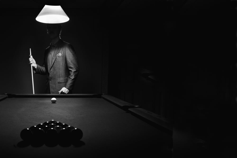 Mystery Pool Player Behind Rack Of Billiard Balls Canvas Art - Richard Wear Design Pics (34 x 22)