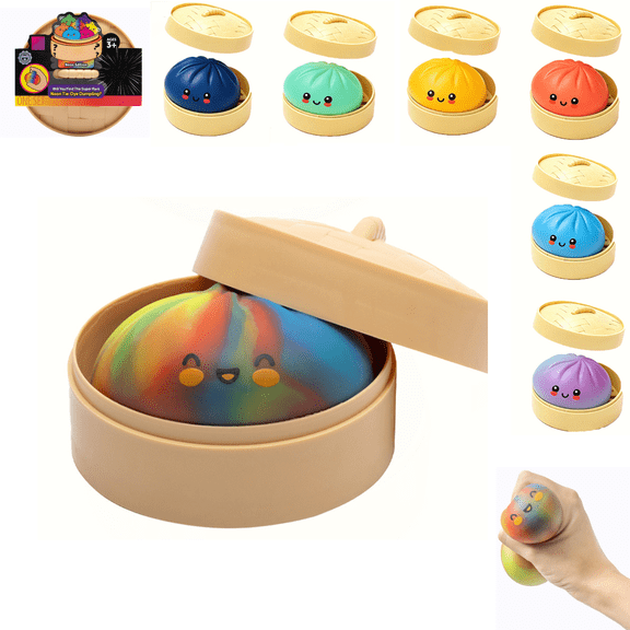 Mystery Rainbow Dumpling Squishy with Steamer Box, Surprise Unboxing Collectible Squishy, Kawaii Food Fidget Squeeze Toy Classroom Prize Party Favor Supplies A1