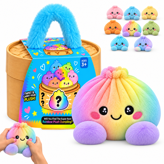 Mystery Rainbow Plush Dumpling Squishy 1Pc - Soft Stuffed Bao Toys in Steamer Basket with Fuzzy Handle Christmas Stocking Stuffers Gifts & Surprise Party Gift(Rainbow)