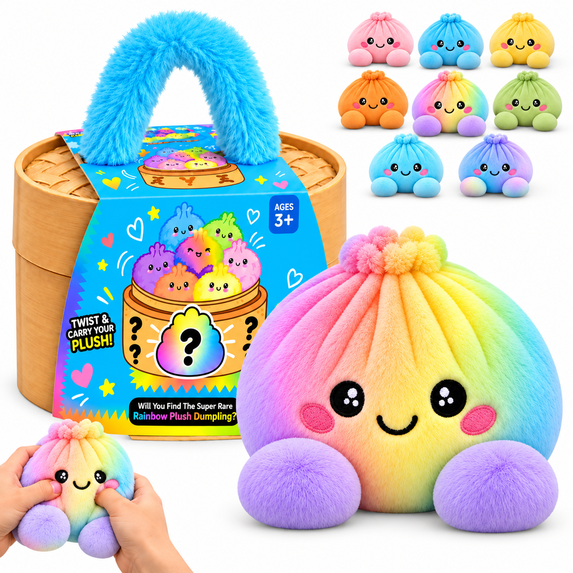 Mystery Rainbow Plush Dumpling Squishy, Cute Stuffed Dumpling Squishies Plushies Fidget Toy, Christmas Collectible Stress Relief Gift with Simulated Steamer & Fuzzy Handle