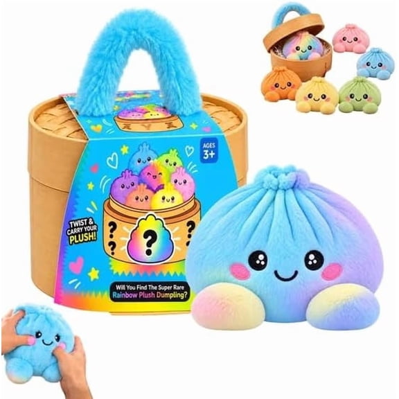 Mystery Rainbow Plush Dumpling Squishy, Cute Stuffed Plushies Fidget Blue | Dumpling Squishies Christmas Collectible Gift with Simulated Steamer & Fuzzy Handle for Holiday Part Classroom 1PC