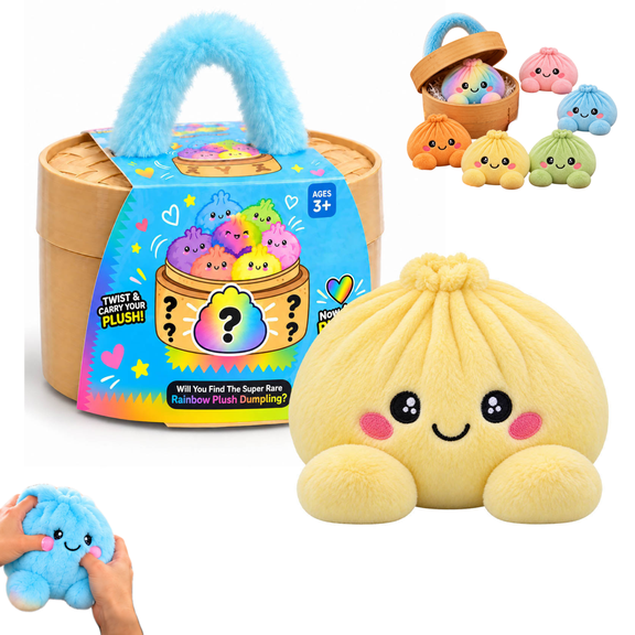 Mystery Rainbow Plush Dumpling Squishy, Soft Food Stuffed Animal Dumpling Squishies Plushies Fidget Toys, Christmas Collectible Stress Relief Gift with Simulated Steamer & Fuzzy Handle, Yellow