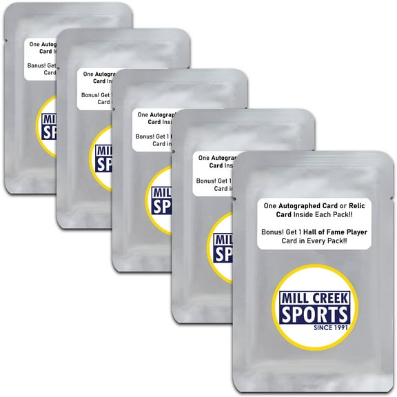 Mystery Sports Card Grab Pack With 1 Autographed or Relic Card & 1 Hall of Fame Player Card (5 Packs)