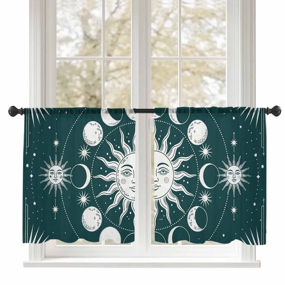 Mystery Tarot Sheer Curtains 54 inches Long, Sun Moon Starry Sky Green Light Filtering Sheer Window Curtains Rod Pocket Voile Drapes for Bedroom Living Room, 52"W x 54"L 2 Panels