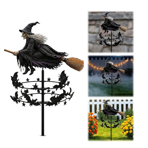 Mystery Witch Garden Wind Spinner 2D Flat Weather Resistant Metal Halloween Yard Art Stake Rotating Blades Witch Hat Broom Motifs Outdoor Windmill for Garden Patio Pathway Fall Decor