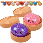 Mystery glitter dumpling squishy, colorful soft squeeze toy for stress relief with box.