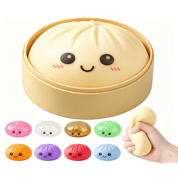 Mystery glitter dumpling squishy, rainbow stress balls with steamer prop, stretchy toy for gifts.