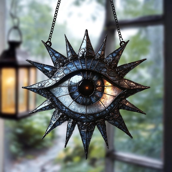 Mystic All-Seeing Eye Acrylic Suncatcher Faux Stained Glass Sunburst Window Hanging With Gothic Third Eye Design And Witchy Home Decor