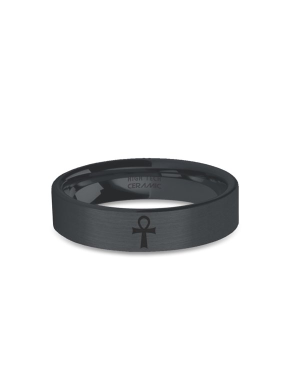Mystic Ankh Osiris Engraved Black on Black Brushed Ceramic Ring , 6mm, Size 5