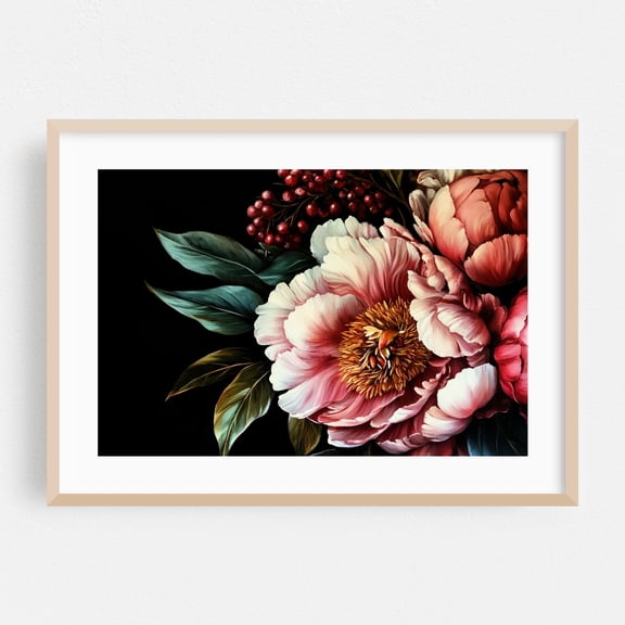 Mystic Baroque Lush Garden Peonies - Painting Floral Flowers Botanical Modern Art Art Deco Garden Nature Oak Framed Wall Art Print 24 x 36 inches