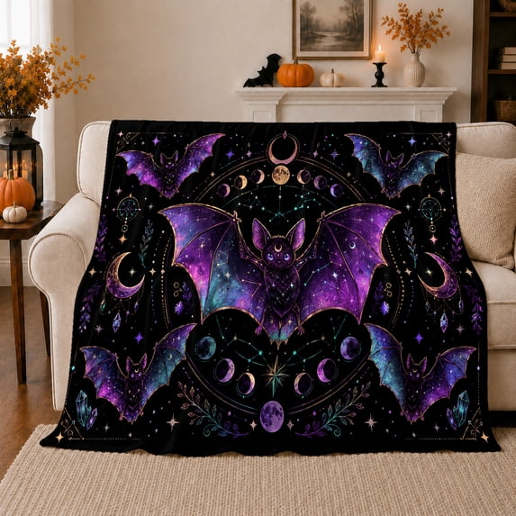 Mystic Bat decorative theme Stars, Mystical Celestial Art Scene, Warm Flannel Blanket for Living Room and Bedroom, Celestial Art Lovers Housewarming Gift, Fantasy Home Decor