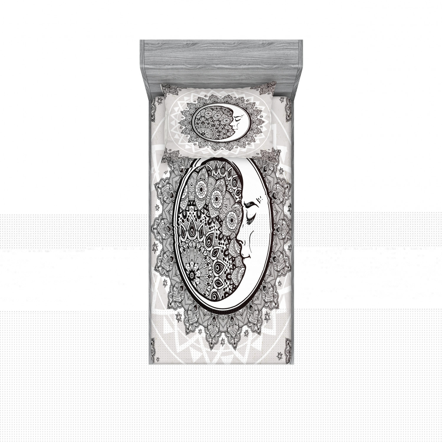 Mystic Bedding Set with Sheet & Covers, Ornate Crescent Moon with Stars and Mandala Eastern Graphic, Printed Bedroom Decor 2 Shams, 4 Sizes, White Beige and Black, by Ambesonne