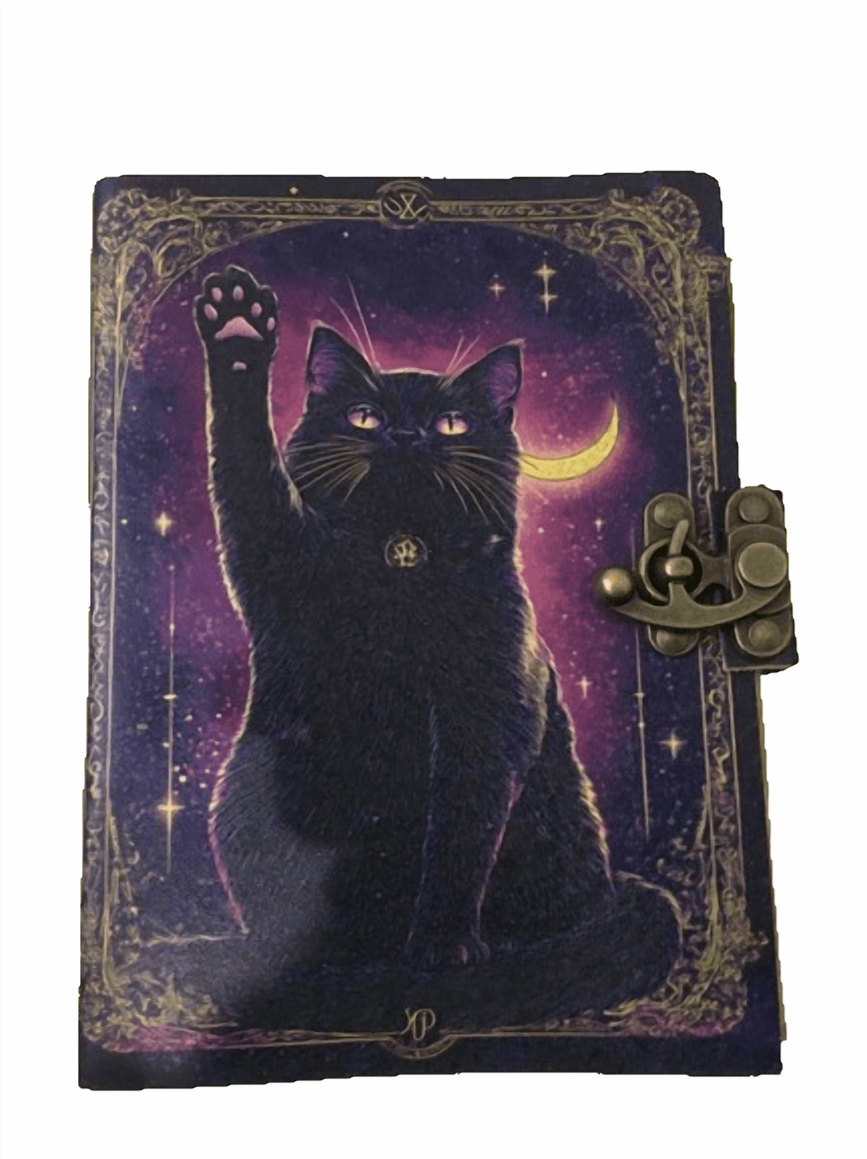 Mystic Black Cat Leather Journal, 5x7 Inch Handmade Notebook with Moon & Stars Artwork, 200 Vintage Handmade Paper Pages, Antique Locking Diary for Writing & Sketching