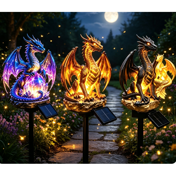 Mystic Black Dragon Weather-Resistant Solar Garden Stake Light, Amber LED Stake Lamp for Yard Layout