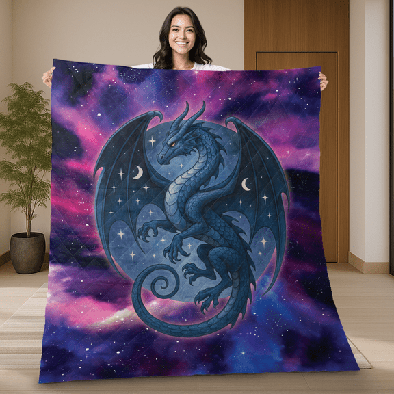 Mystic Blue Dragon Galaxy Quilt Blanket – Fantasy Space Dragon Quilt for Bed or Couch- Perfect Gift for Dragon Lovers