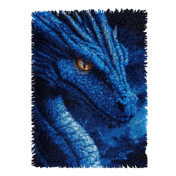 Mystic Blue Dragon Golden Eye Rectangular Latch Hook Rug Kit Fantasy Medieval Dragon DIY Plush Floor Mat Craft Set