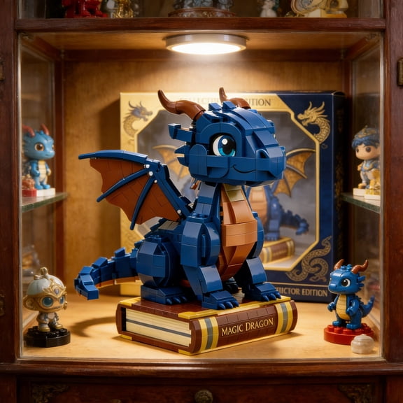 Mystic Blue Dragon with Magic Book Building Blocks Set Fantasy Creature Decor, Whimsical Gift for Dragon Lovers, Compatible with Major Brick Brands