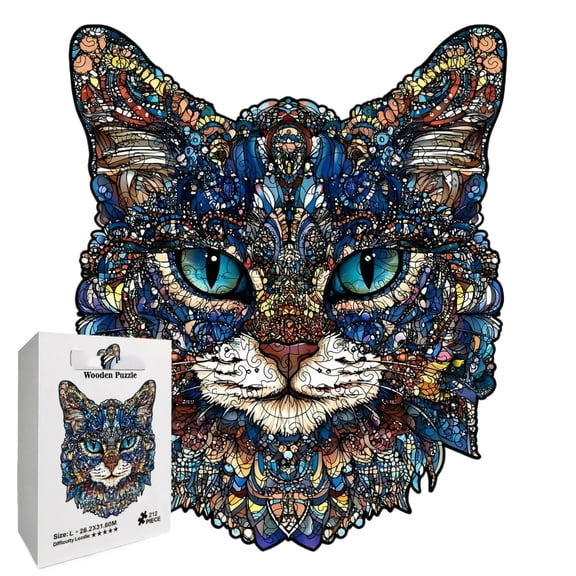 Mystic Blue-Eyed Cat Wooden Jigsaw Puzzle, Unique Irregular Shape Animal Puzzle, Challenging Brain Teaser Game, Decorative Art Puzzle Gift for Cat Lovers