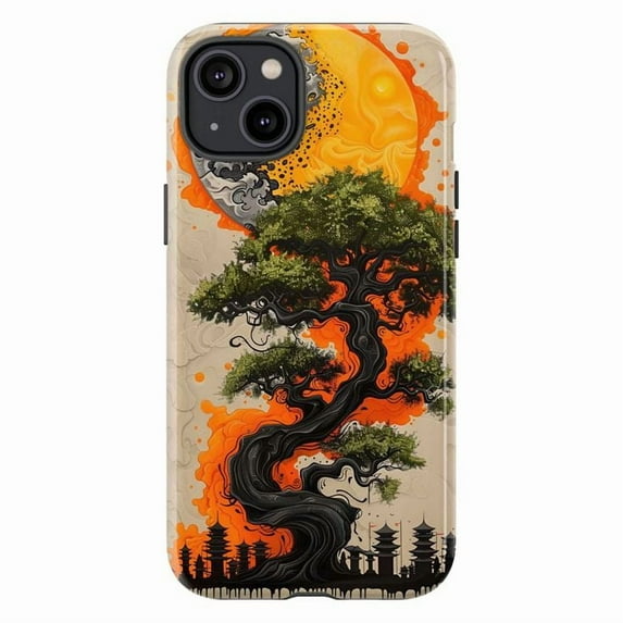 Mystic Bonsai Tree Phone Case, Japanese Sunset Art Design Protective Phone Cover for iPhone 16 15 14 13 12 11 Pro Max Mini Plus