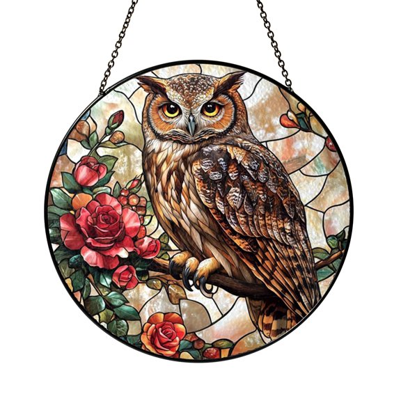 Mystic Bronze Forest Owl and Blooming Roses Garden Suncatcher Art