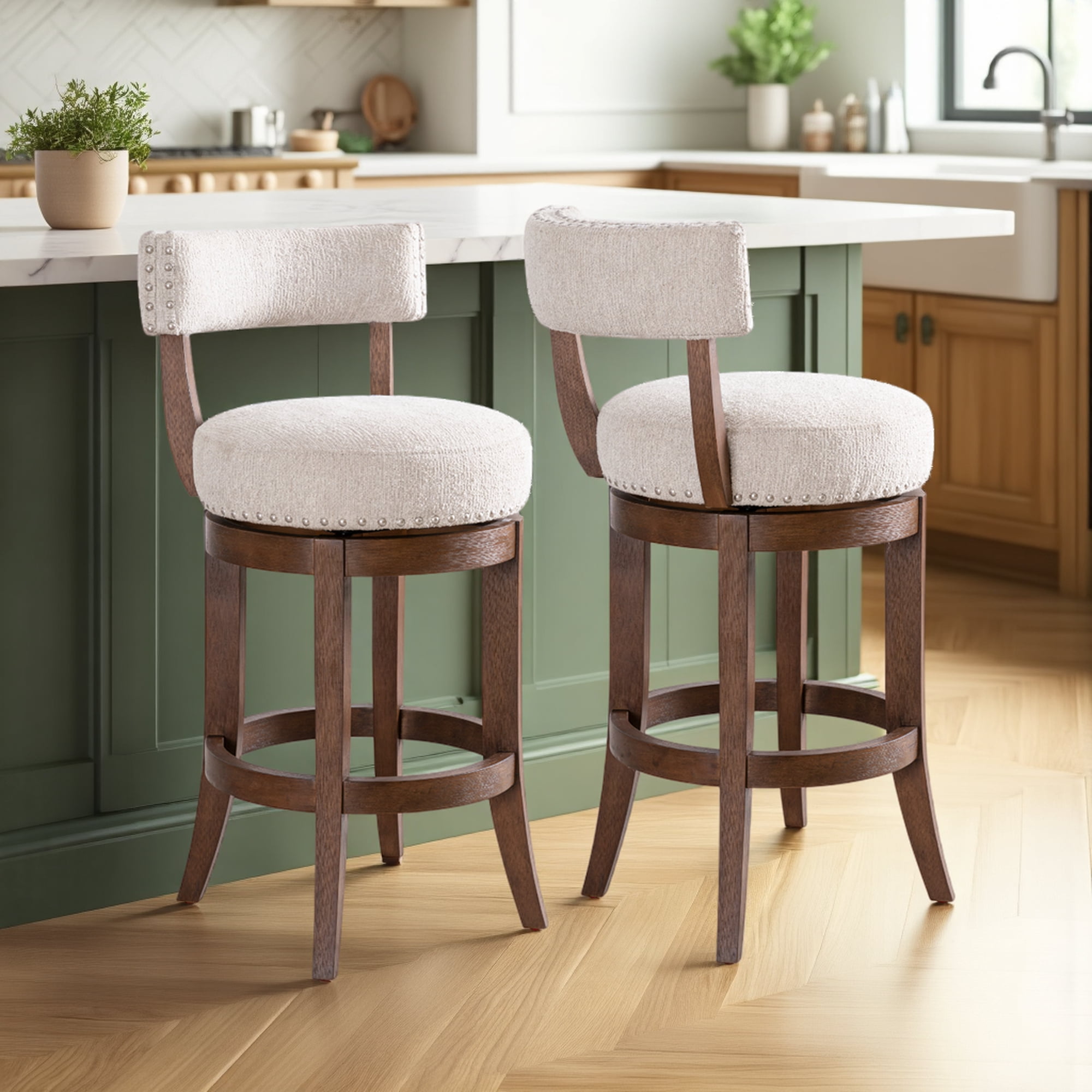 Mystic Brown Solid Wood Upholstered 26" Counter Height Swivel Barstool with Ancient Stone Fabric Seat - Set of 2