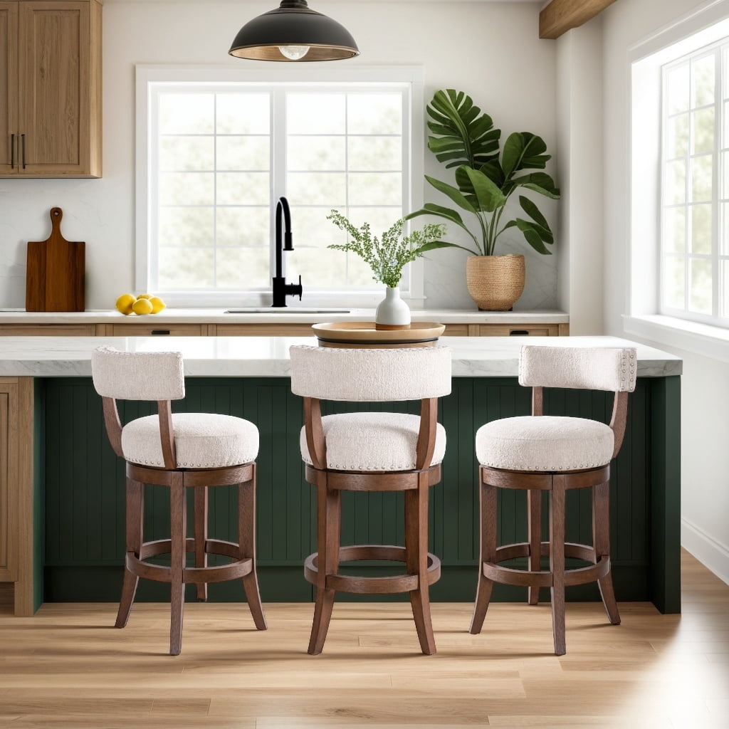 Mystic Brown Solid Wood Upholstered 26" Counter Height Swivel Barstool with Ancient Stone Fabric Seat - Set of 3